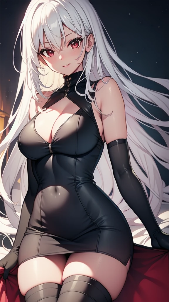 masterpiece, best quality, 1 solo girl, white hair, red eyes, long hair, medium breasts, sexy body and face, wavy hair, smile, parted lips, gradient clothes, dress, elbow gloves, sleeveless, bare shoulders, cape, boots, bracelet, sleeveless dress, ribbon, black gloves, turtleneck, short dress, pantyhose, black footwear, night, sexy pose, cowboy shots, detailed body, face, and eyes, sharp focus, vibrant, creative, dynamic, high definition, high resolution, 8k, (Upscale: R-ESRGAN 4x+ Anime6mage enchance:4x), voluptuous body, cinema lightning, dakimakura style, looking at the viewer,