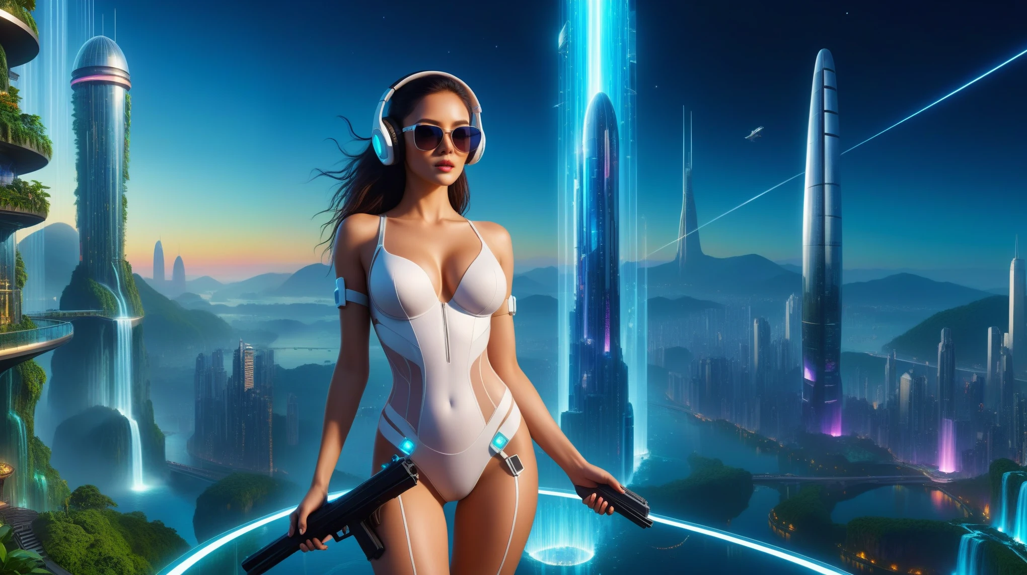 Futuristic floating city, huge high-tech tablet platform, airship, colorful lights, skyscrapper, transparent path, lush greenery, sky gardens, waterfalls, sparkling river, transparent dome, walkway, tower, very dark night, holographic display, aerial view. (((((1girl, solo, alone))))), large-breast:1.2 slim body, cleavage:1.1, sexy elegant long half-transparent white dress, (headphone, black sunglasses), (((standing and holding pistol pose))), (((half-body thigh level medium shot))), cinematic lighting, lens flare, ray tracing.