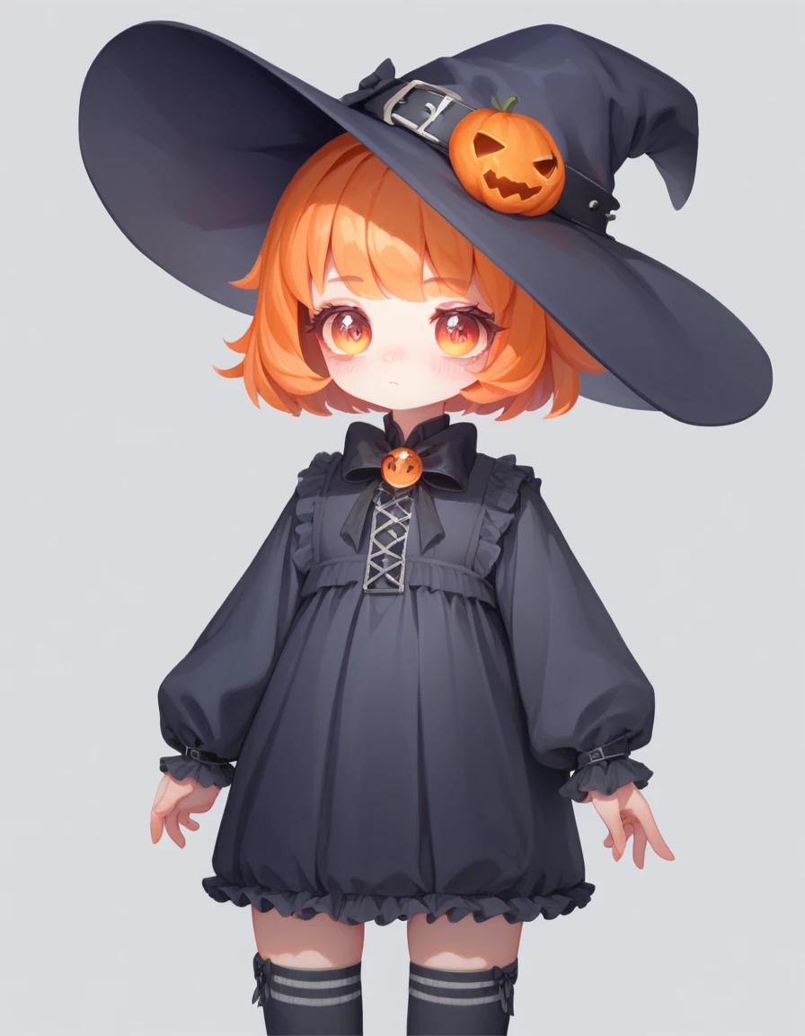 Cute girl, bright orange and dark black, thigh-high socks, gothic style, small bust, witch's clothes, simple background, front view, cowboy shot, standing, {{blushing}}, expressionless, {{loli}}, orange hair,