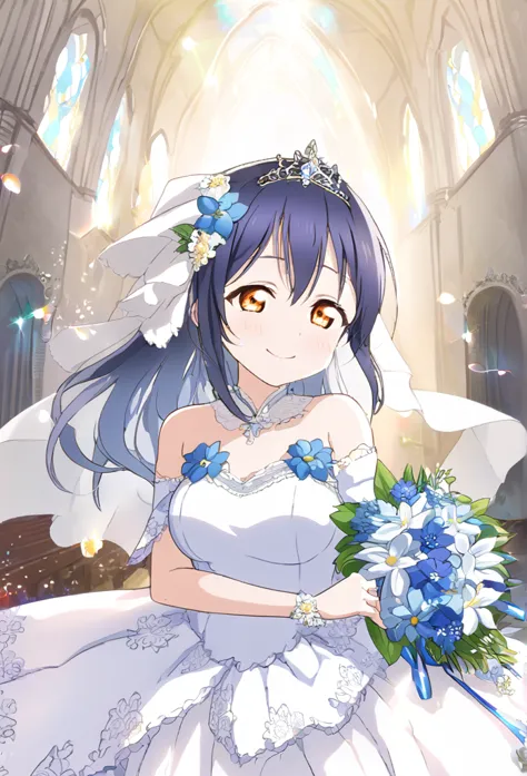 umi sonoda　blue hair　orange eyes　long hair　m-shaped bangs　white wedding dress　blue flower decoration dress　blue flower bouquet　b...