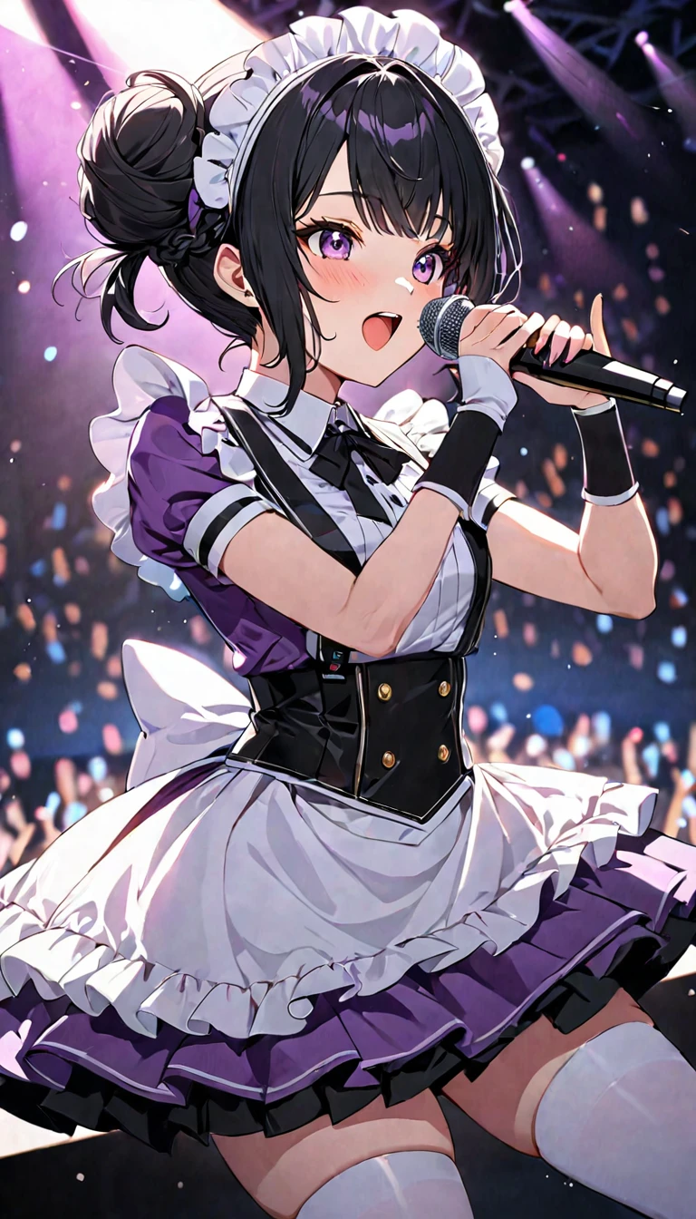 anime style, masterpiece, accurate, textured skin, high quality, best quality, highres, high details, super detail, black hair, doughnut hair bun, maid headdress, reflection light, Super idol in maid outfit, Purple outfit, Singing at a live concert, holding a microphone, solo, In the spotlight, Enthusiastic stage