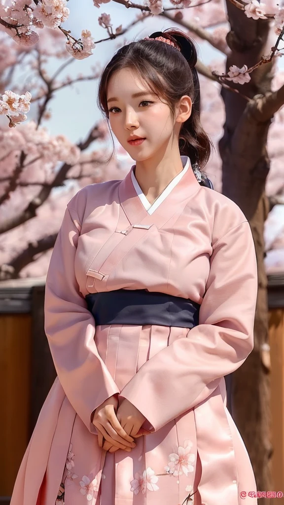 (best quality, 8K, masterpiece: 1.3), ((((((Incredibly huge breasts: 0.8))))), single ponytail, (beautiful face:1.3), Cherry blossoms are in full bloom, full of cherry blossoms, floating cherry blossom petals, very cool, Authentic Korean Hanbok