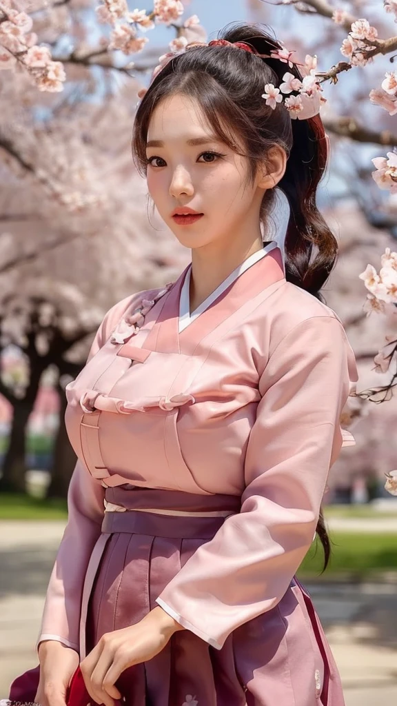 (best quality, 8K, masterpiece: 1.3), ((((((Incredibly huge breasts: 0.8))))), single ponytail, (beautiful face:1.3), Cherry blossoms are in full bloom, full of cherry blossoms, floating cherry blossom petals, very cool, Authentic Korean Hanbok