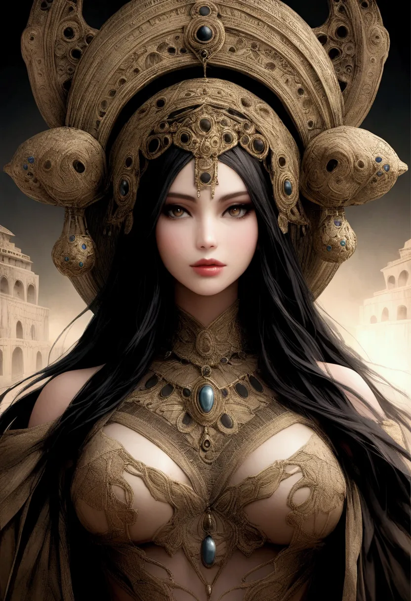 vapour_graphic beautiful woman black long hair hyperrealistic 16k background ancient opaque strange cities