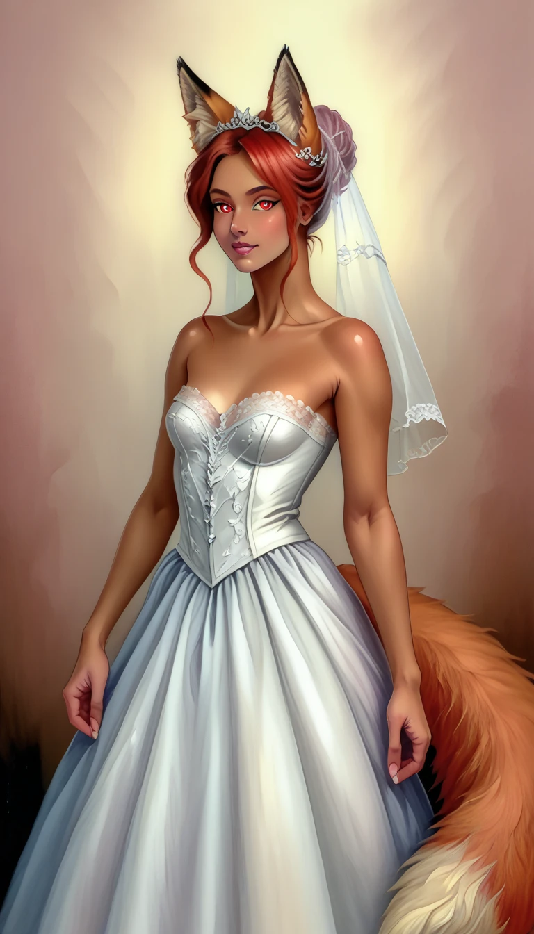 (zPDXL2),  score_9_up, painterly, faux traditional media, realistic, BREAK
1girl, solo, fullbody, (fox:1.2), (long wavy hair, bun hairstyle), glowing red eyes, (fox ears, fox tail), tanned skin, wedding dress, wheat farm background, BREAK
AissistXLv2, unaestheticXL_bp5, SimplePositiveXLv2, zPDXL2 PonyXLV6_Scores