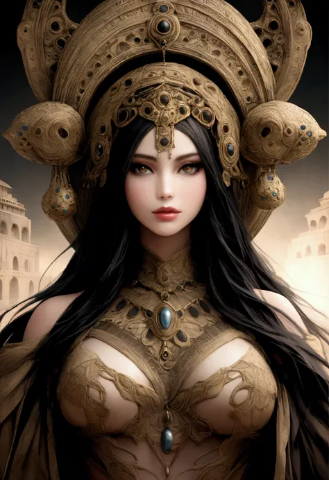 vapour_graphic beautiful woman black long hair hyperrealistic 16k background ancient opaque strange cities