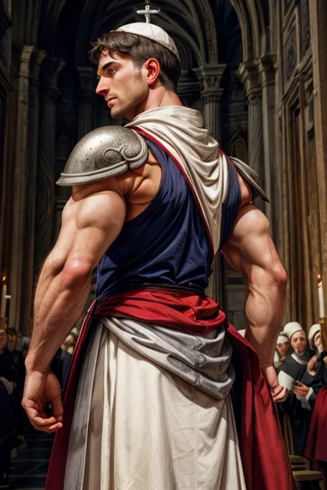 looking back, dariusferdynand wearing well-fitted sleeveless red and white sheer tight roman-catholic-pope robe-armor, looking a...