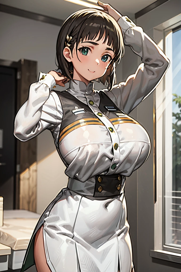 elite , green, White and gold uniform, White Skirt, White top, green Ribbon, Gold Button, Golden Shoulder Massage, Young people, 19 years, Brown Hair, Haircut with dull bangs, Brown eyes, beautiful Brown eyes, Large Breasts, Impressive body curves, Mischievous Smile, Pink Lips, , Cute pose, masterpiece, Classroom Background, School