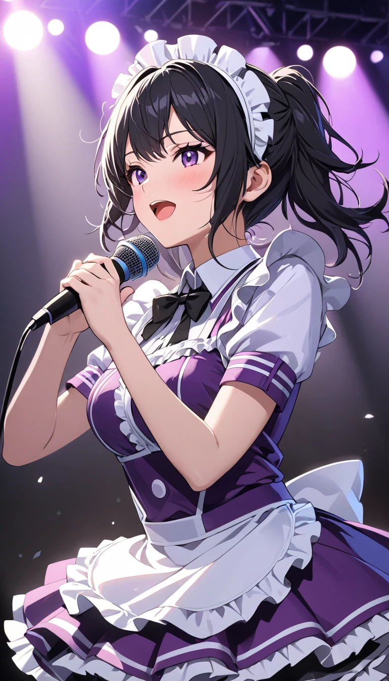 anime style, masterpiece, accurate, textured skin, high quality, best quality, highres, high details, super detail, black hair, messy hair, maid headdress, reflection light, Super idol in maid outfit, Purple outfit, Singing at a live concert, holding a microphone, solo, In the spotlight, Enthusiastic stage