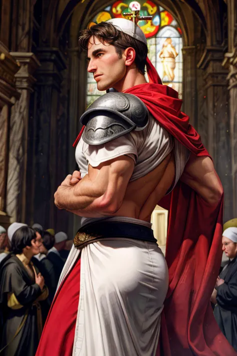 looking back, dariusferdynand wearing well-fitted sleeveless red and white sheer tight roman-catholic-pope robe-armor, looking a...