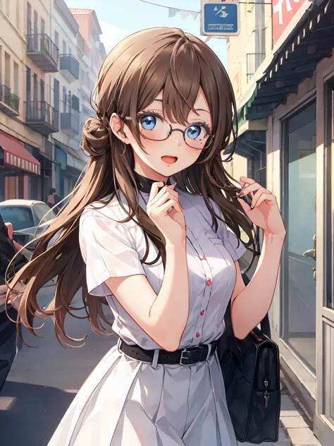 a woman with long brown hair and glasses posing for a picture in a white shirt, 1girl, solo, long hair, skirt, open mouth, shirt...