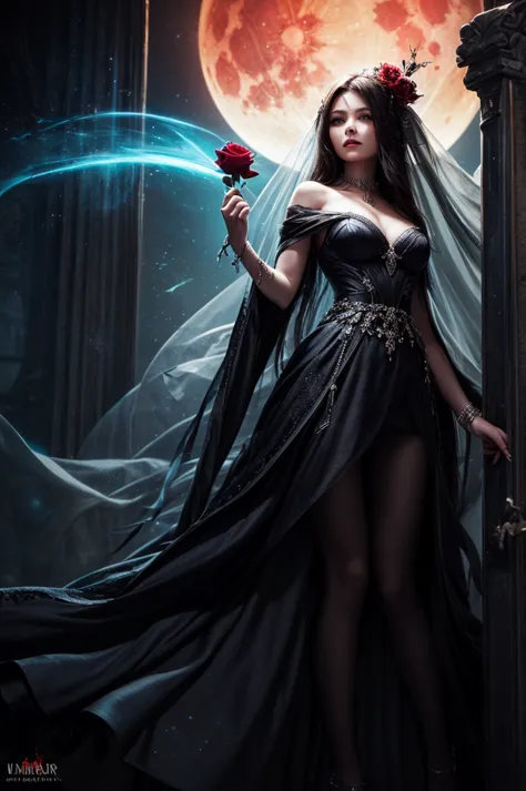 In the night graveyard near the open coffin standing beatiful pale bride female, she have pale skin, beatiful face with silver e...