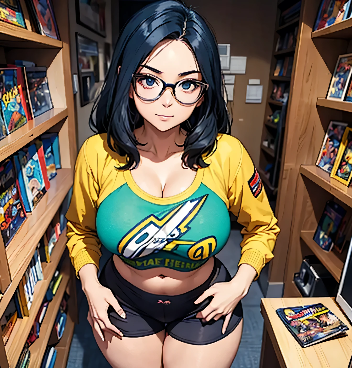 Une jeune femme avec un style geek, style ringard, portant des lunettes et un t-shirt court avec une référence nerd à All Might. petites culottes, Elle a une allure espiègle, personnalité qui aime s&#39;amuser, entourée de bandes dessinées et de jeux vidéo. grand , ventre nu, taille fine, cuisses épaisses, décolleté profond, expression chaude, salope