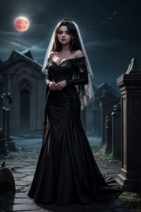 In the night graveyard near the open coffin standing beatiful pale bride female, she have pale skin, beatiful face with silver e...