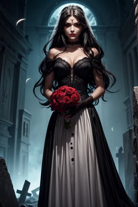 In the night graveyard near the open coffin standing beatiful pale bride female, she have pale skin, beatiful face with silver e...