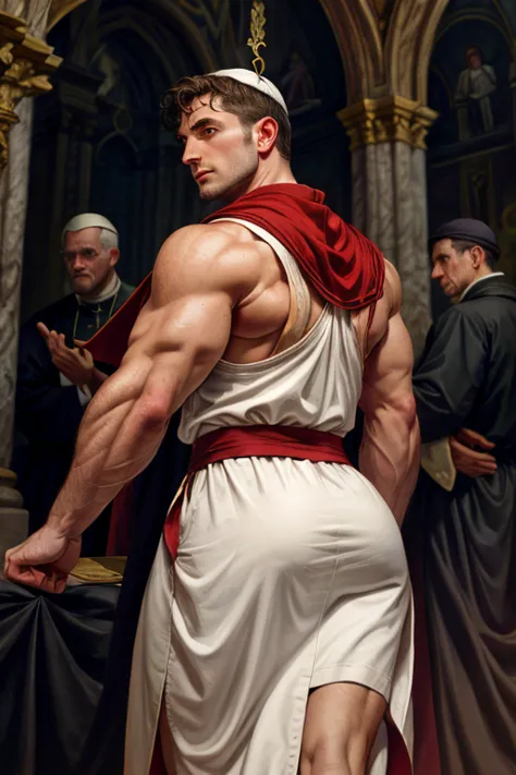 looking back, dariusferdynand wearing well-fitted sleeveless red and white sheer tight roman-catholic-pope robe-armor, looking a...