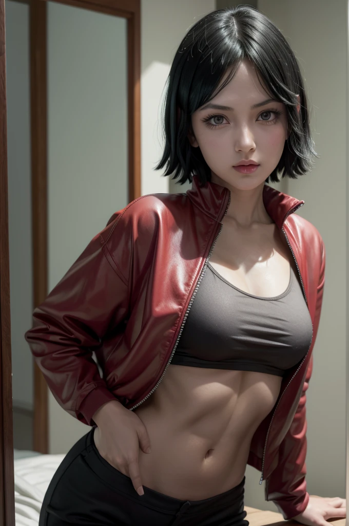 Sarada from naruto, realistic, age 25, pure white skin, black pupils, black bob hair, perfect face, perfect shape body, large breasts, red cropped jacket, posing to viewer. 