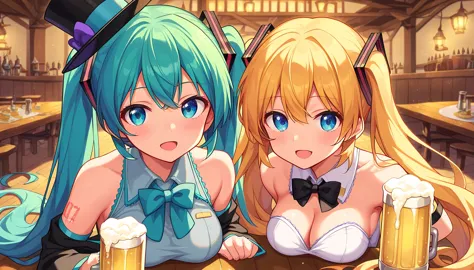 ((2girls:1.3)), ((moe style:1.3)), ((beer:1.3)), ((saloon:1.3)), ((top hat:1.3)),megurine luka, hatsune miku, ((perfect face)), ...