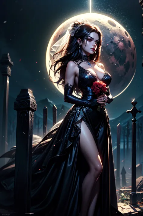 in the night graveyard near the open coffin standing beatiful pale bride female, she have pale skin, beatiful face with silver e...