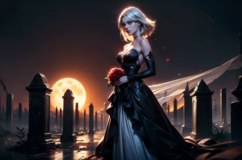 in the night graveyard near the open coffin standing beatiful pale bride female, she have pale skin, beatiful face with silver e...