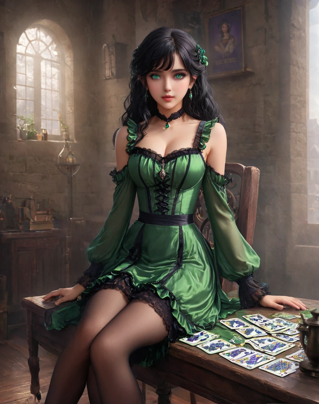 aughter of severus anape, 9-yeart-old , black hair, green eyes,（ultra best quality、in 8K、masuter piece、delicate illustration）,(best quality,4k,8k,highres,masterpiece:1.2),ultra-detailed,realistic,portrait of a beautiful, girl，tarot cards，Purple，Short dress，Ruffles，Double tail