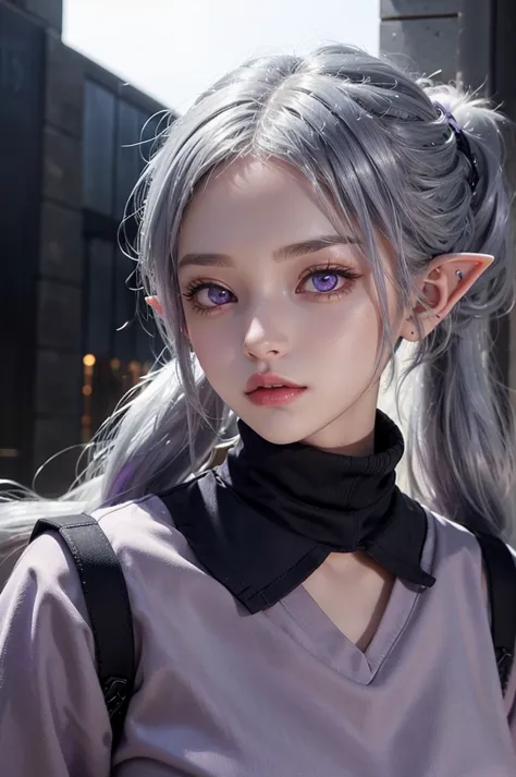 a girl with silver hair tied into a ponytail, purple eyes and elven ears , full height top quality