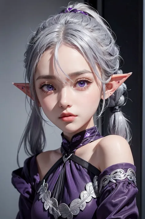 a girl with silver hair tied into a ponytail, purple eyes and elven ears , full height top quality