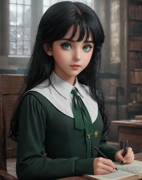 daughter of severus anape, 9-yeart-old , black hair, green eyes,（ultra best quality、in 8K、masuter piece、delicate illustration）,(...