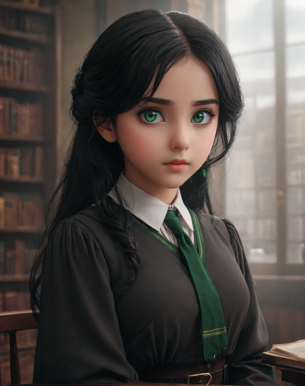 daughter of severus anape, 9-yeart-old , black hair, green eyes,（ultra best quality、in 8K、masuter piece、delicate illustration）,(best quality,4k,8k,highres,masterpiece:1.2),ultra-detailed,realistic,portrait of a beautiful, Elementary school girl, astrologer