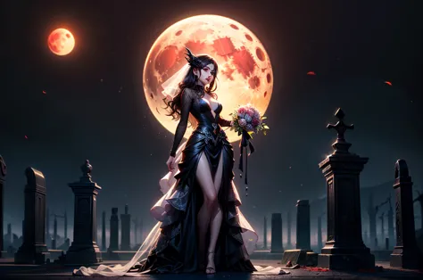 in the night graveyard near the open coffin standing beatiful pale bride female, she have pale skin, beatiful face with silver e...