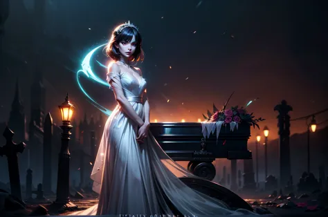 in the night graveyard near the open coffin standing beatiful pale bride female, she have pale skin, beatiful face with silver e...