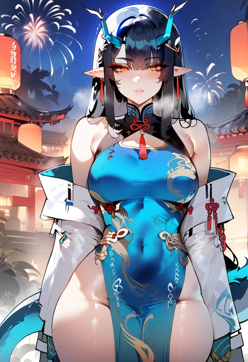 1girl, dusk \(everything is a miracle\) \(arknights\), arknights,(masterpiece, best quality), newest, ,turquoise chinese dress, original outfit, , by nyantcha, black hair, horns, by omone hokoma agm, dragon tail, night, fireworks, orange eyes,, 