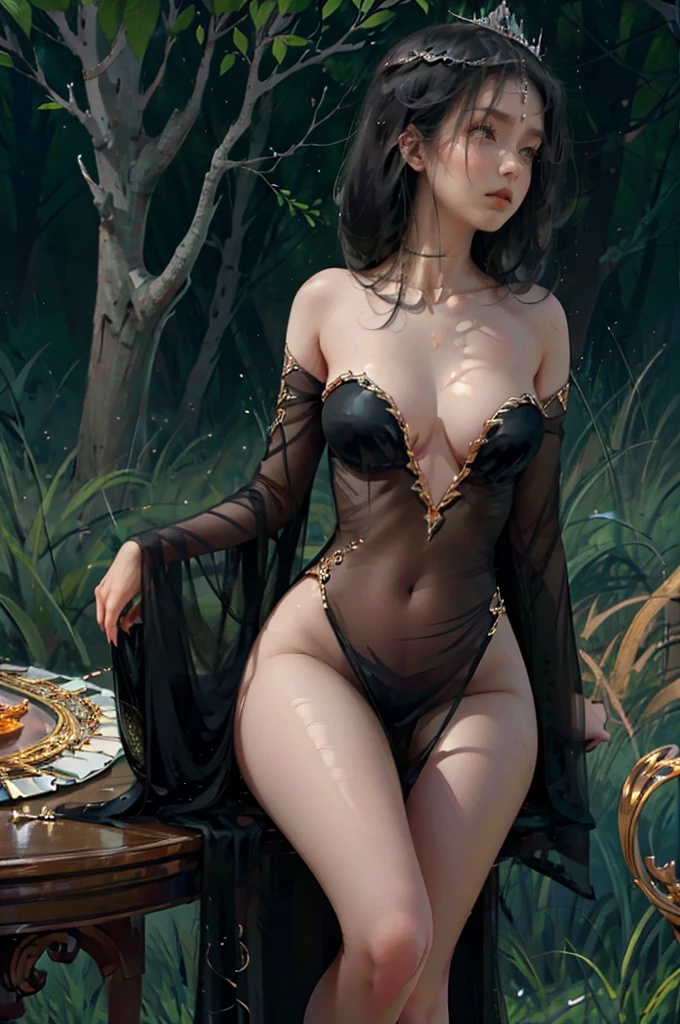 ((aeolian)), 1 girl, beautiful face, Princess, (wearing black dress), very long black hair, slim body with long legs, shiny skin, forest background, small bare feet, camera view from the side, full body view, sitting on table