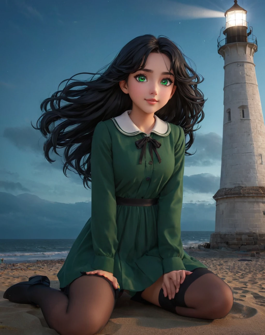 daughter of severus anape, 9-yeart-old , black hair, green eyes,（ultra best quality、in 8K、masuter piece、delicate illustration）,(best quality,4k,8k,highres,masterpiece:1.2),ultra-detailed,realistic,portrait of a beautiful, Elementary school girl, blows wind,Fluttering hair，gust of wind， Colorful, , ​masterpiece, Sit up, side from, A smile, lighthouse, starrysky