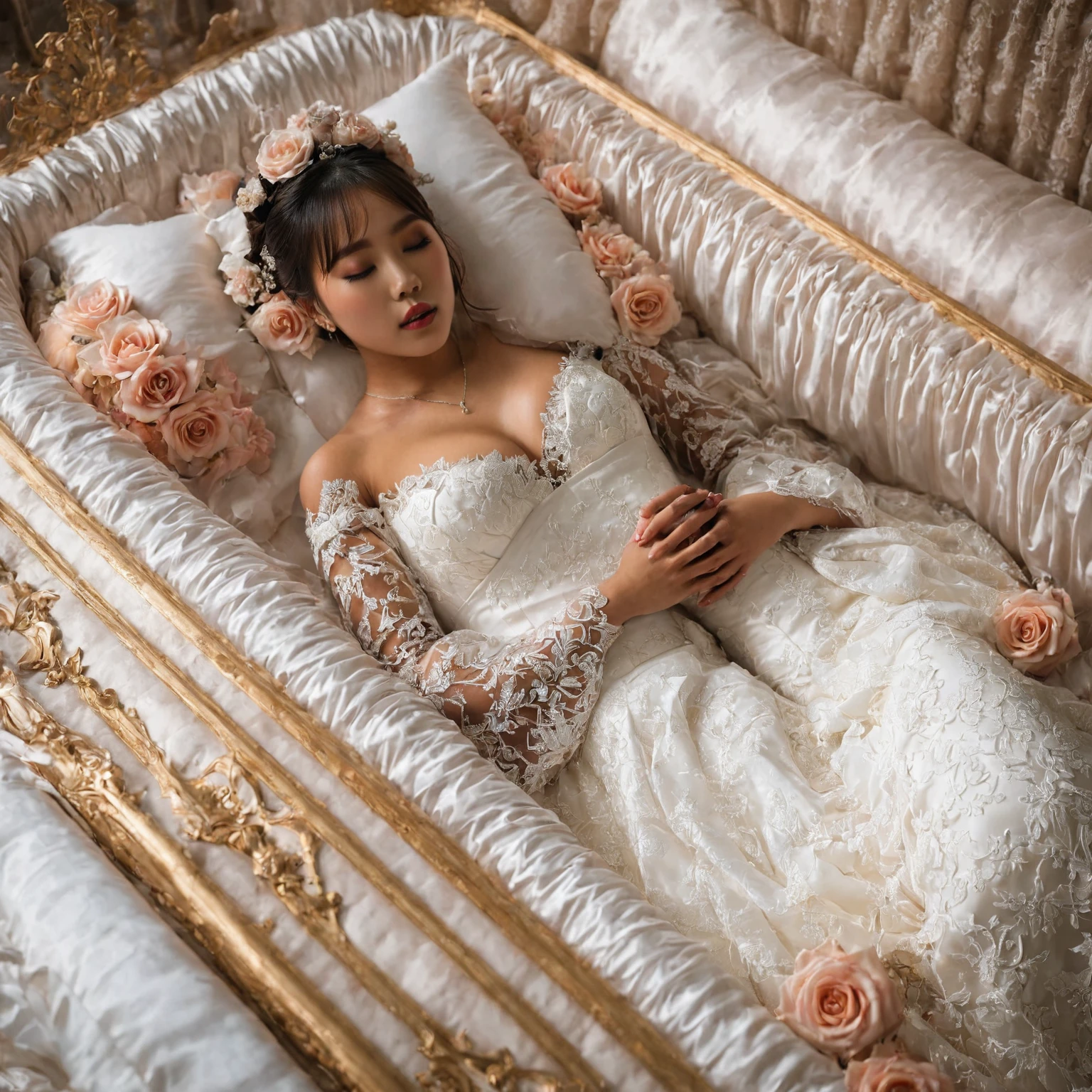 A provocative and sensual image unfolds before us. Two Korean girls, 22 years old, lie asleep in a deep, black coffin surrounded by plush pillows. They wear see-through wedding dresses with lace details, off-shoulder designs, sleeve, and huge skirts that cascade around their bodies. The dresses are cut low to showcase their beautiful breasts, fixed with a subtle cleavage cutout. Their faces are flawless, with perfect eyebrows, eyelashes, and skin tone. One girl's hair is styled in a ponytail with bangs framing her face, while the other has a bun adorned with wisps of hair framing her closed eyes. The overall atmosphere is one of intimacy and sensuality, with saturated colors enhancing the mood. Note the visible breasts and perfectly manicured hands that peek out from beneath the skirts, which are strategically covered to conceal their legs, ba11g0wn 