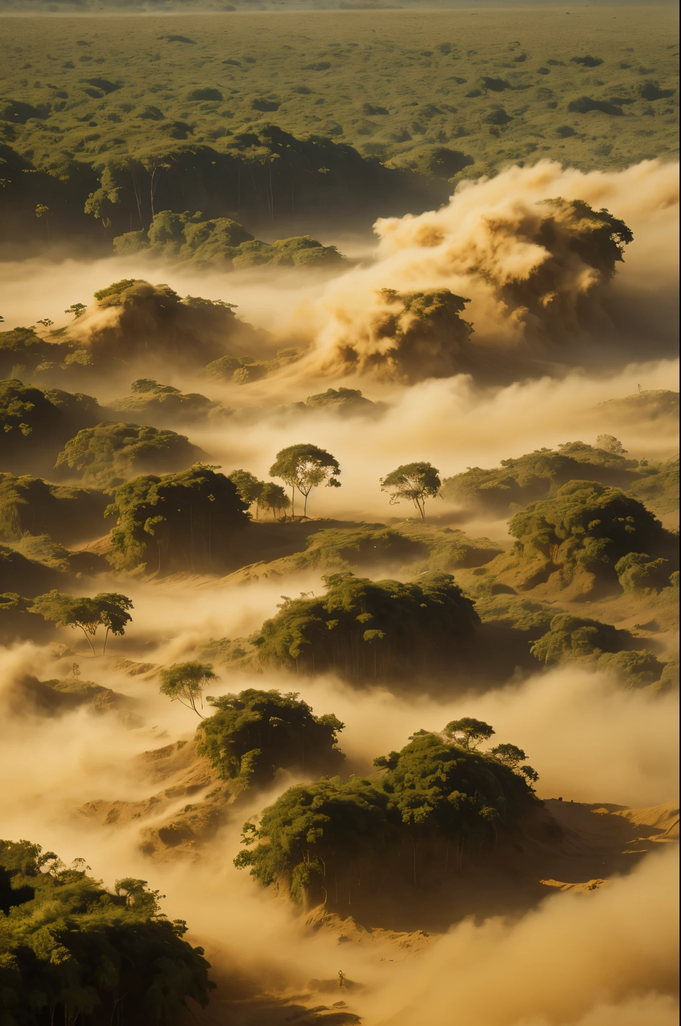 masterpiece, best quality, extremely detailed, hyperrealistic, photorealistic, jungle, the scene of amazon rainforest, sandstorm, forest getting sand, aerial view shot　
