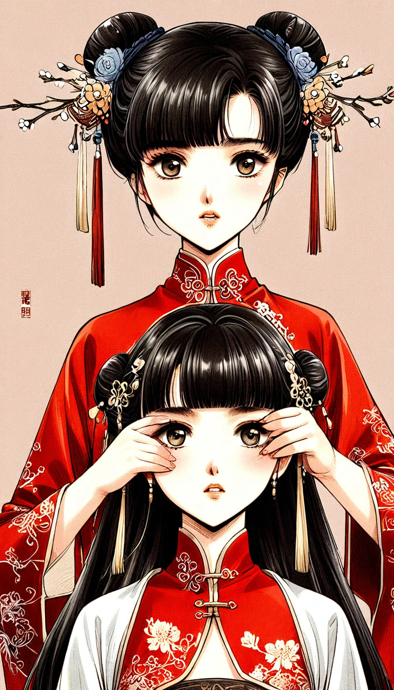 Period drama manga style　A 15-year-old super beautiful Chinese girl with black hair in a bun cut(1 person)　She is wearing a royal long-sleeved Chinese dress　She has exposed nipples　