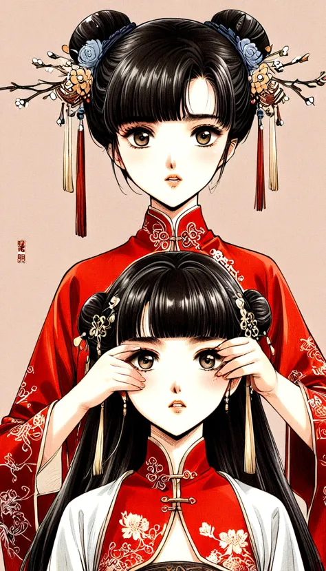 Period drama manga style　A 15-year-old super beautiful Chinese girl with black hair in a bun cut(1 person)　She is wearing a roya...