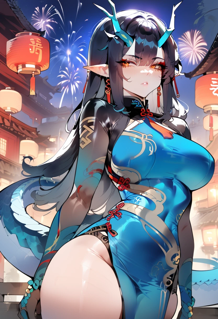 1girl, dusk \(everything is a miracle\) \(arknights\), arknights,(masterpiece, best quality), newest, ,turquoise chinese dress, original outfit, , by nyantcha, black hair, horns, by omone hokoma agm, dragon tail, night, fireworks, orange eyes,, 