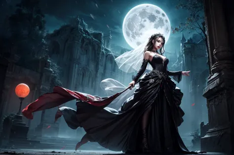 In the night graveyard near the open coffin standing beatiful pale bride female, she have pale skin, beatiful face with silver e...