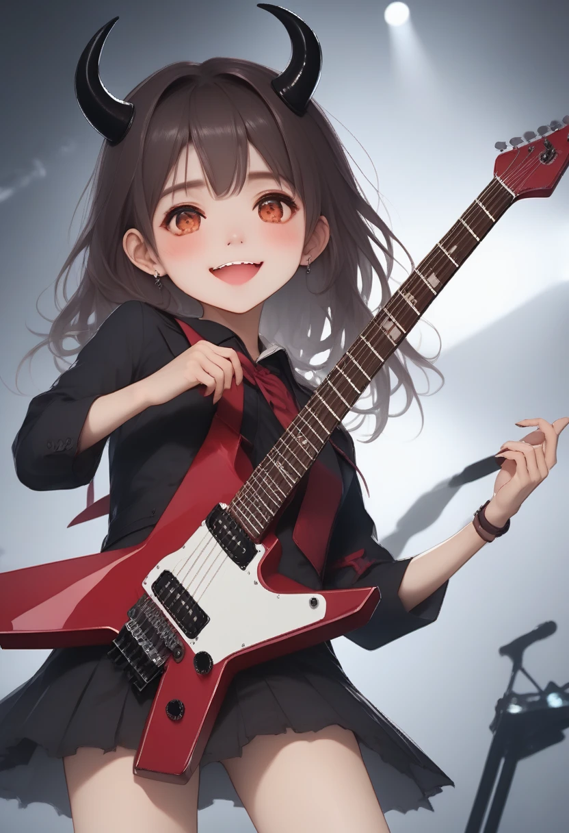 score_9, score_8_up, score_7_up, score_6_up, score_5_up, score_4_up, cute devil girl, happy smile, playing star-shaped body electric guitar, saying "thank you", saying "happy", dancing notes, fun 