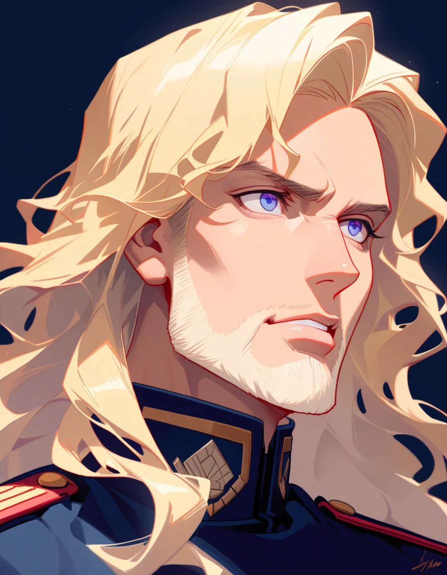 male, late 30s, blond, shoulder-length, middle-part wavy hair, light-purple, deep-set, Sanpaku eyes, slightly thick blond beard, aquiline and hooked nose, slightly underbite, chiseled, slightly long face, fearless expression, navy blue military uniform, portrait, high saturation, jhyd style