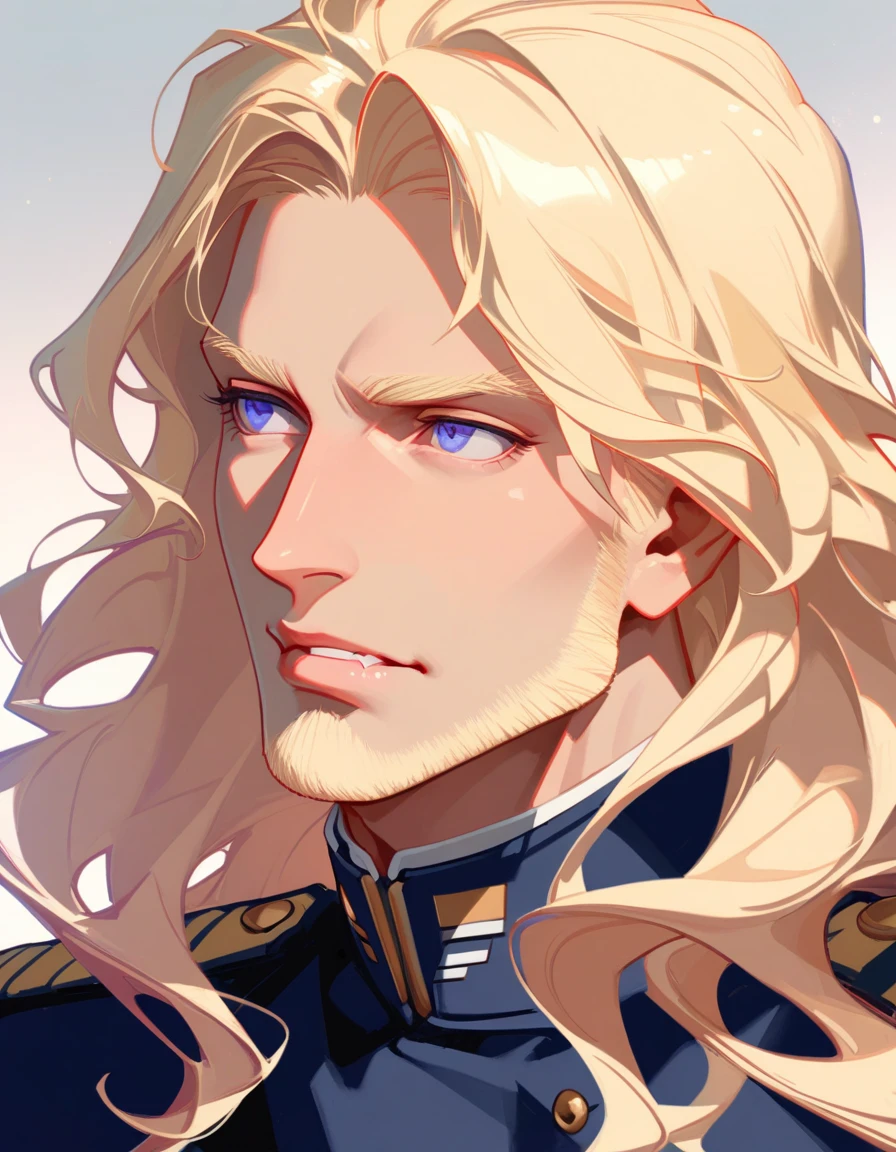 male, late 30s, blond, shoulder-length, middle-part wavy hair, light-purple, deep-set, Sanpaku eyes, slightly thick blond beard, aquiline and hooked nose, slightly underbite, chiseled, slightly long face, fearless expression, navy blue military uniform, portrait, high saturation, jhyd style