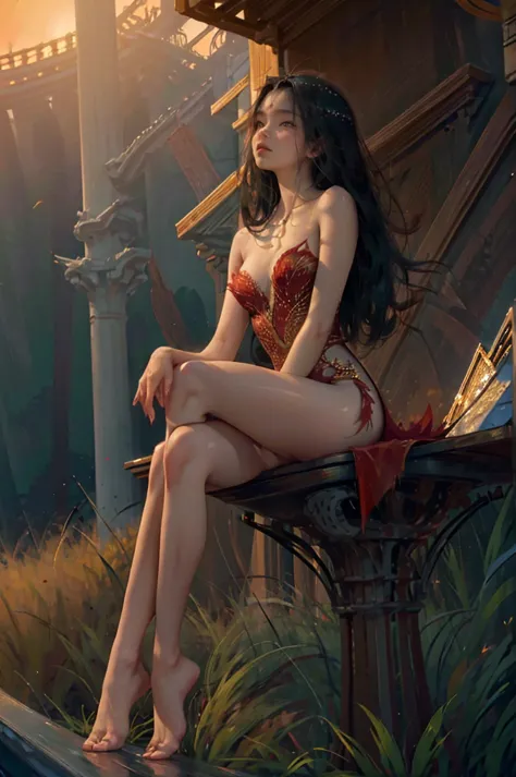 ((aeolian)), 1 girl, beautiful face, princess, (wearing a torn red gown), very long black hair, slim body with long legs, shiny ...