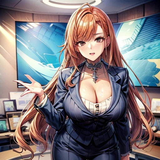 js_news,newsスタジオ, Masterpiece、8K、High resolution、(Natsuha Arisugawa、Orange Hair、Long Hair)、announcer、Formal suit、Cleavage、