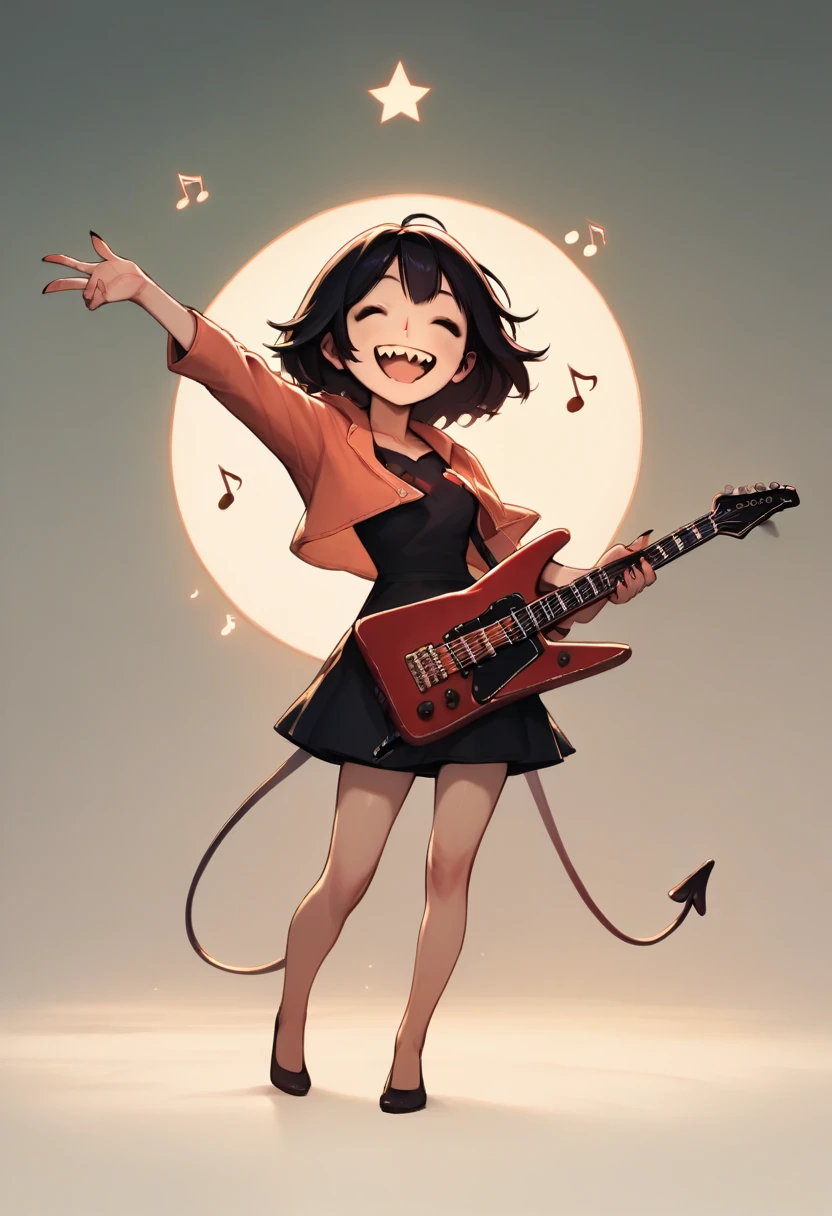 score_9, score_8_up, score_7_up, score_6_up, score_5_up, score_4_up, cute devil girl, happy smile, playing star-shaped body electric guitar, saying "thank you", saying "happy", dancing notes, fun 