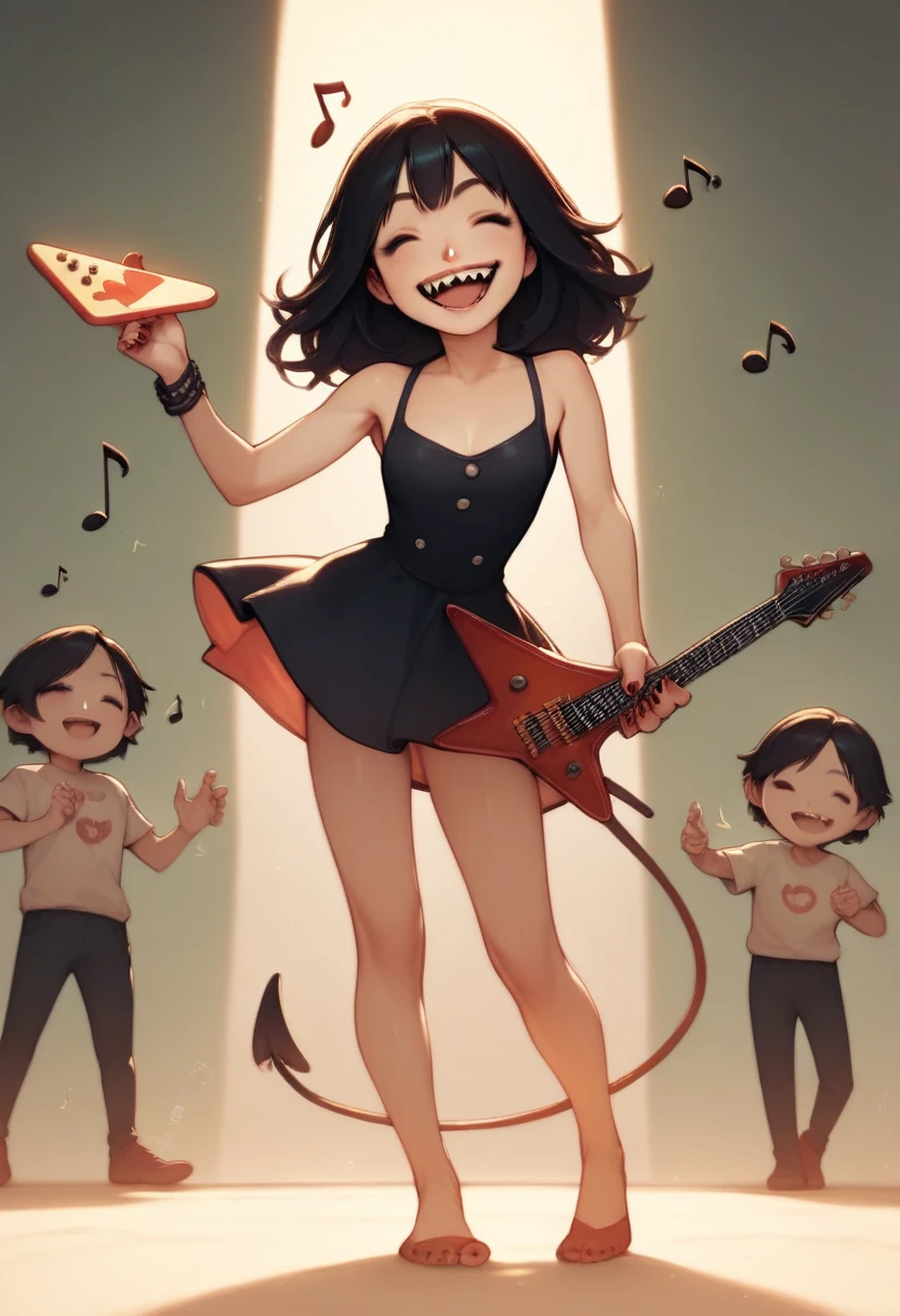 score_9, score_8_en haut, score_7_en haut, score_6_en haut, score_5_en haut, score_4_en haut, Fille mignonne du diable, heureux smile, jouer de la guitare électrique au corps en forme d'étoile, en disant "merci", en disant "heureux", notes de danse, amusant 