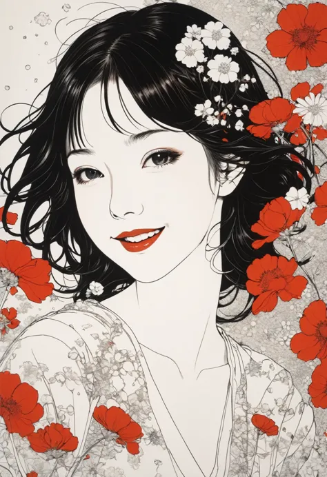 line art、virgin、splattered、crazy smile、falling flowers、takato yamamoto&#39;style、browsing caution