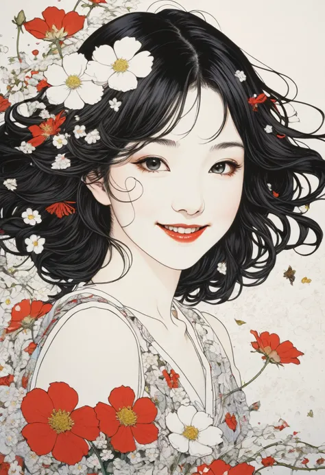 line art、virgin、splattered、crazy smile、falling flowers、takato yamamoto&#39;style、browsing caution