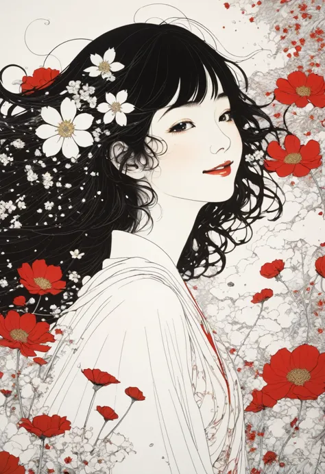 line art、virgin、splattered、crazy smile、falling flowers、takato yamamoto&#39;style、browsing caution